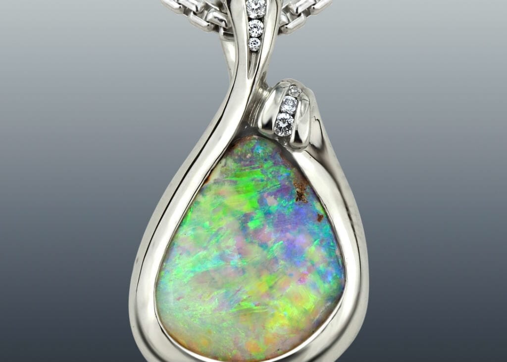 Iridescent Opal Drop Pendant 2 Opal Diamond Palladium Drop Pendant
