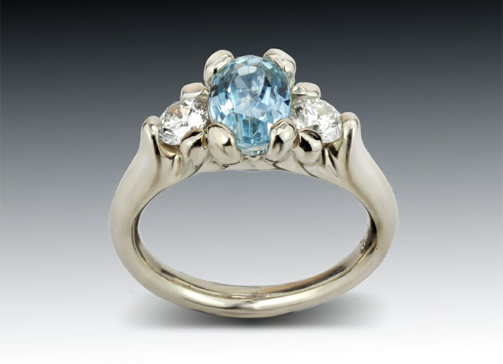 Three Stone Aqua Ring 8 Three Stone Aquamarine And Diamond Ring In Custom 14K White Gold