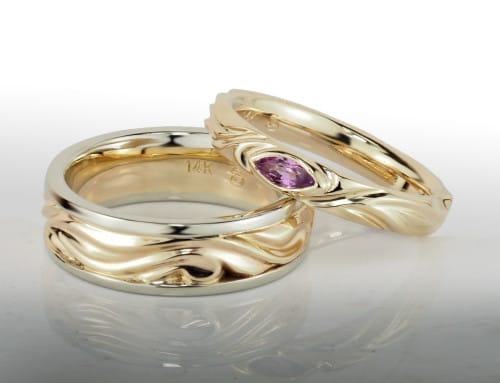 Carved Wedding Band Set With Purple Sapphire